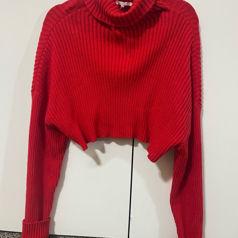 Red Ribbed Cropped Turtleneck Sweater